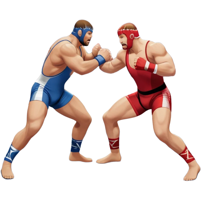An icon depicting two wrestlers in a grappling stance on the mat, engaged in a fierce combat. One fighter attempts a takedown, while the other resists. The background shows a wrestling arena with bright lights and spectators around the edge of the ring. Transparent background  emoji