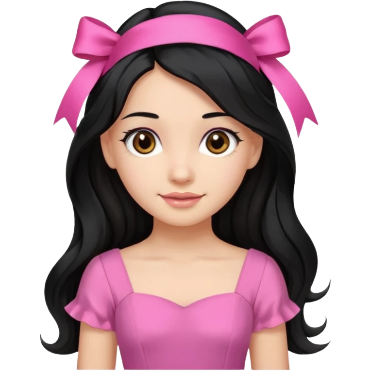 Beautiful girl with long black hair in a half-up half-down hairstyle with pink ribbon tying the top half, waves at the ends, brown eyes, light skin, slight smile, and pink dress emoji