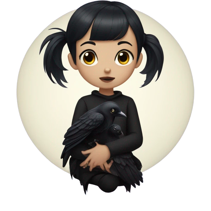 goth girl with black short hair and baby bangs with a black raven sitting on a shoulde  emoji