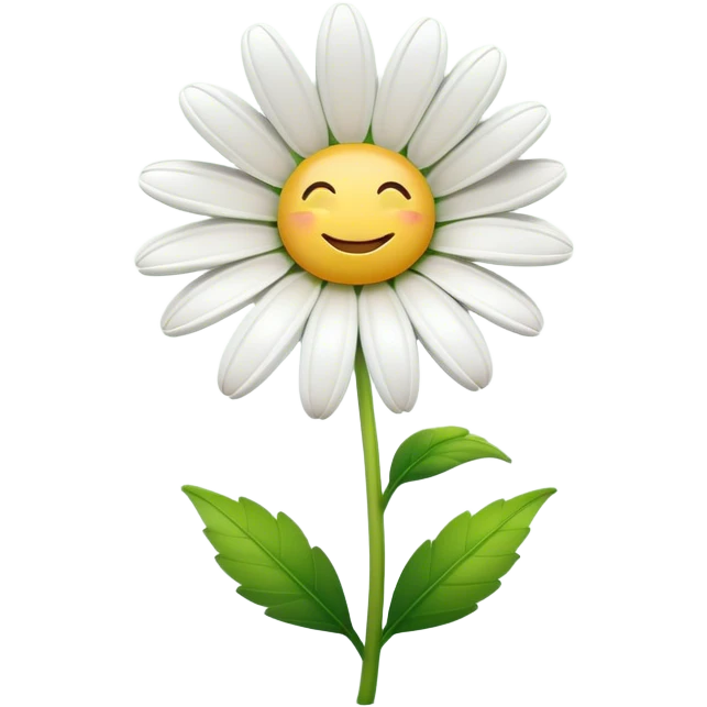 Cinematic Realistic Daisy Emoji, Cheerful and pure, with bright white petals surrounding a sunny yellow center, standing proudly atop a slender green stem. The soft, vibrant petals seem to radiate positivity, while a few green leaves frame the delicate flower. Soft glowing outline, capturing the essence of simplicity, innocence, and happiness in a single daisy. emoji
