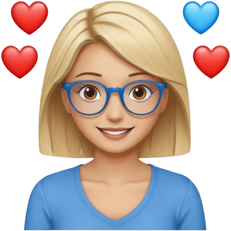 Asthectic pretty Blonde women brown eyes, blue glasses, wearing a brown top and smiling with hearts around her. emoji