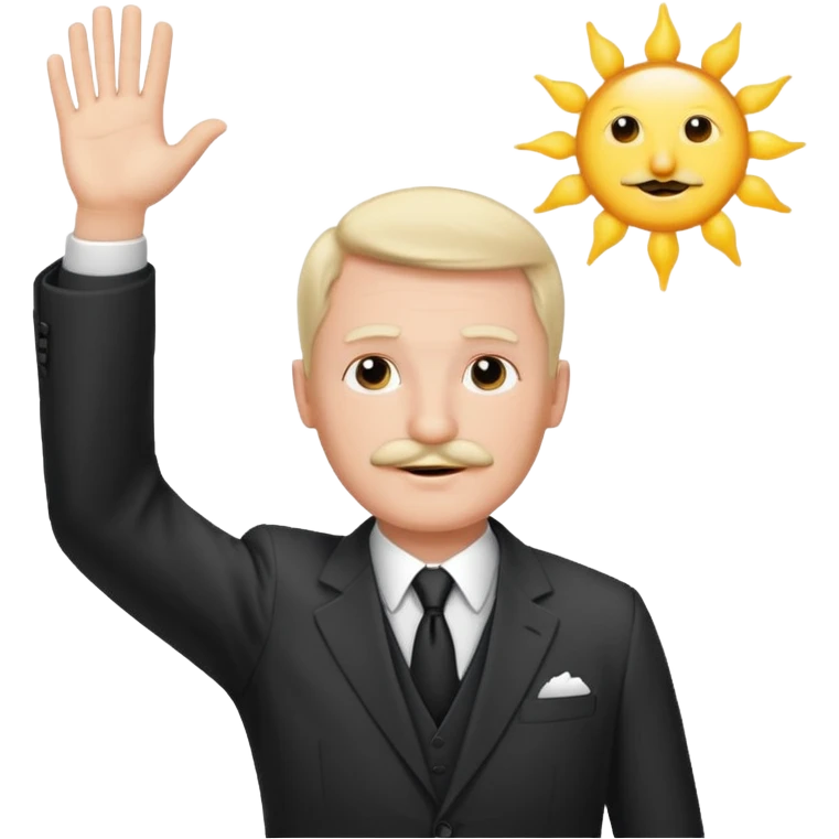 Adolf h , wearing suit and mustache small. Raising his hand to sun emoji