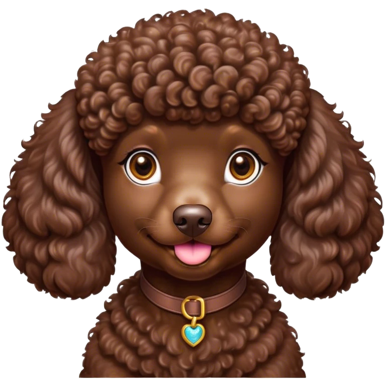 Cinematic Cute Chocolate Poodle Portrait Emoji, Head tilted playfully and inquisitively, showcasing a bouncy, curly chocolate Fur with a healthy sheen, round, sparkling brown eyes filled with curiosity, Simplified yet irresistibly adorable features, highly detailed, glowing with a warm, friendly glow, high shine, affectionate and lively, stylized with a touch of whimsy, bright and endearing, soft glowing outline, capturing the essence of a mischievous yet loving companion, so playful it feels like it could bounce out of the screen and into your arms! emoji