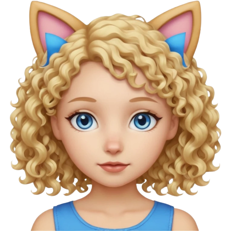 Girl with blond curly hair and blue eyes. She has cats ears emoji