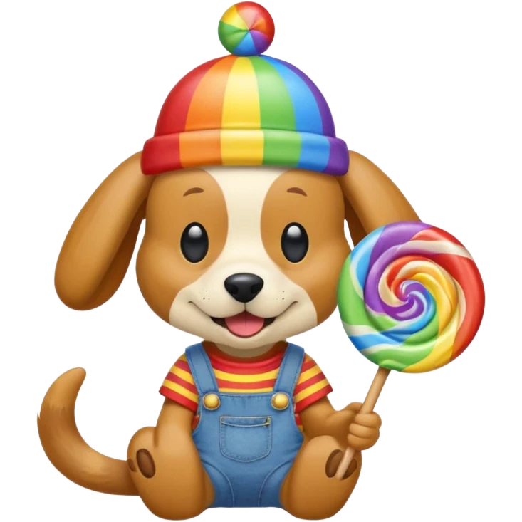 Generate a emoji of a dog with a comically large rainbow swirly lollipop with a goofy silly propeller hat, make the dog wear a striped bright yellow, red, and blue shirt with jean overalls emoji