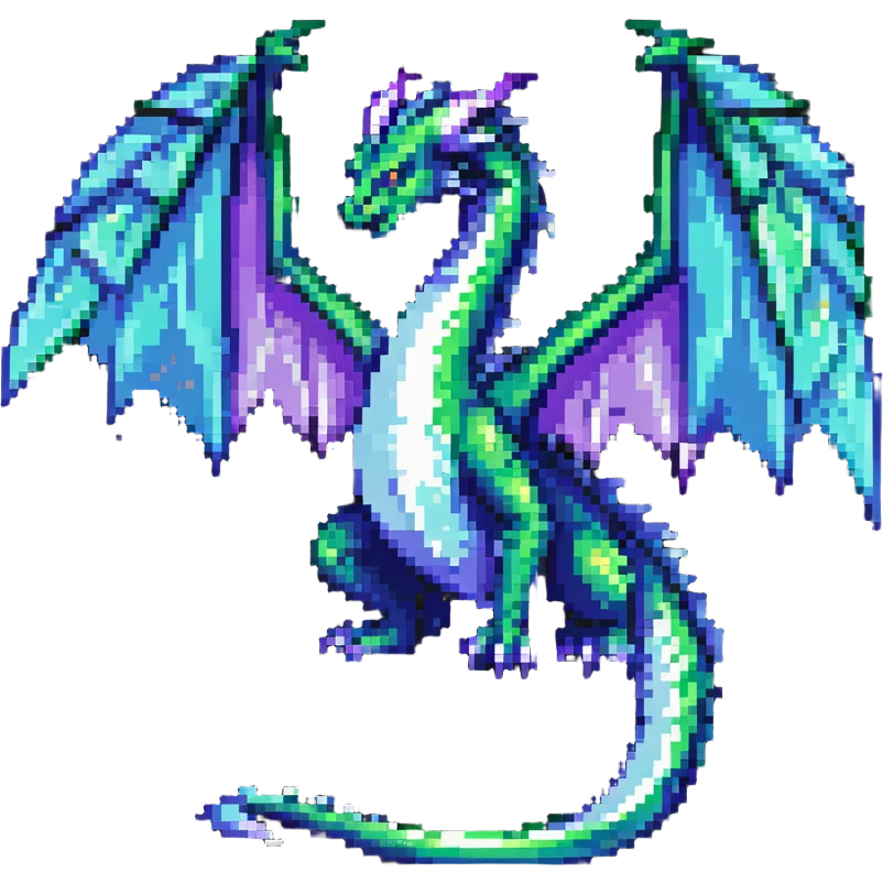 mysterious dragon with a long tail, large wings, and a magical aura, in green, blue, and purple emoji