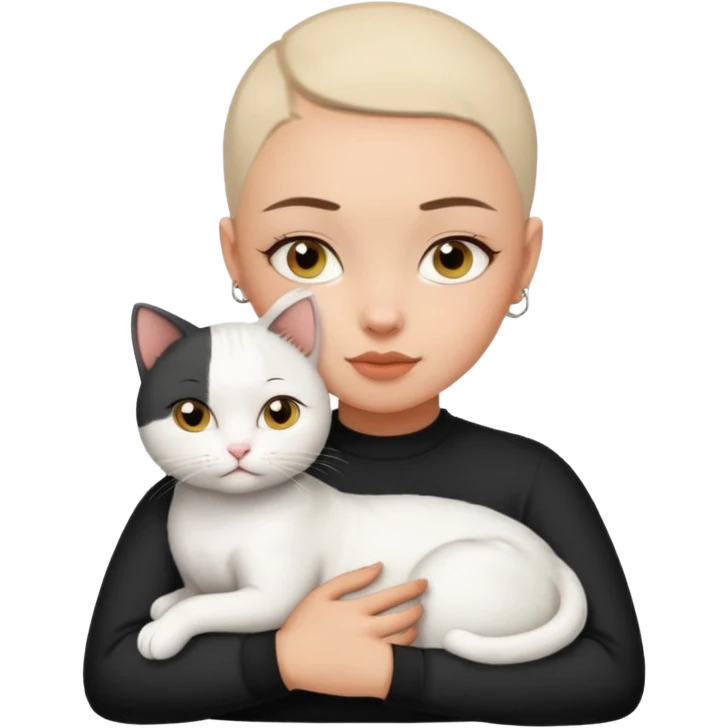 HAZEL EYES , BLACK BUZZ CUT LIGHT SKIN ROUND FACE GIRL hugs white cat emoji