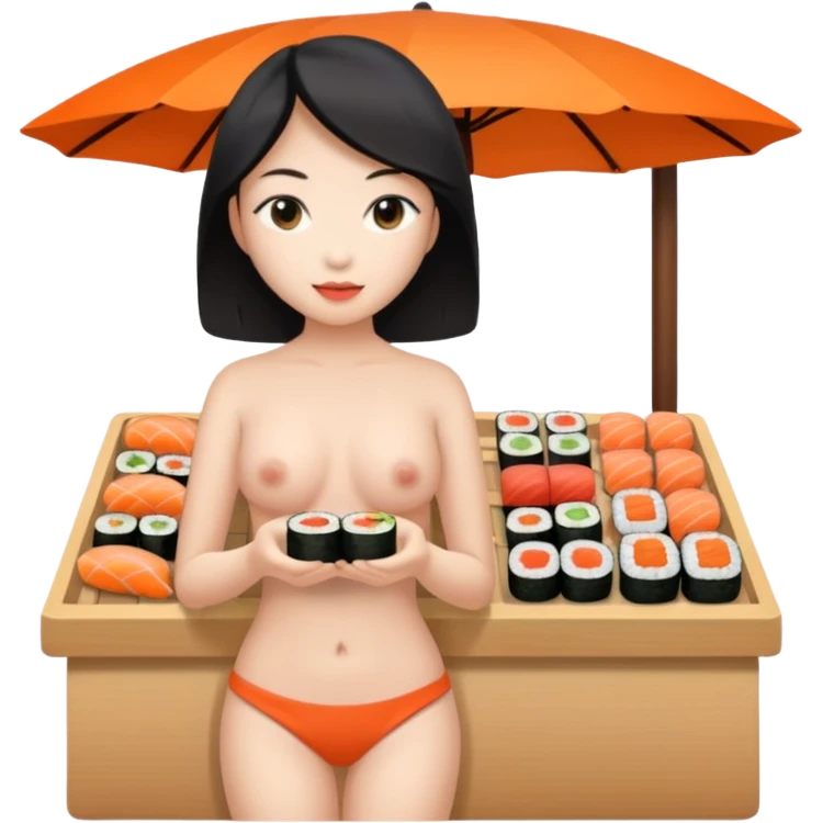 Naked asian female sushi vender on a marketplace; full body; nude emoji