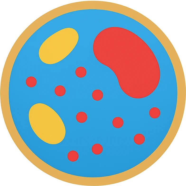 Zelle, deren Inhalt leuchtet in verschiedenen Farben (z. B. blau für Wasser, rot für Proteine, gelb für Lipide). emoji