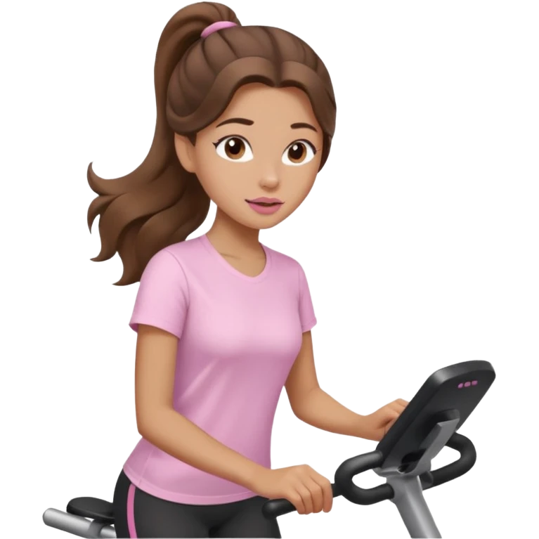 girl with wavy long ponytail brown hair, brown eyes, light to medium complexion, long lashes, light pink lipstick, wearing light pink shirt, on an elliptical emoji
