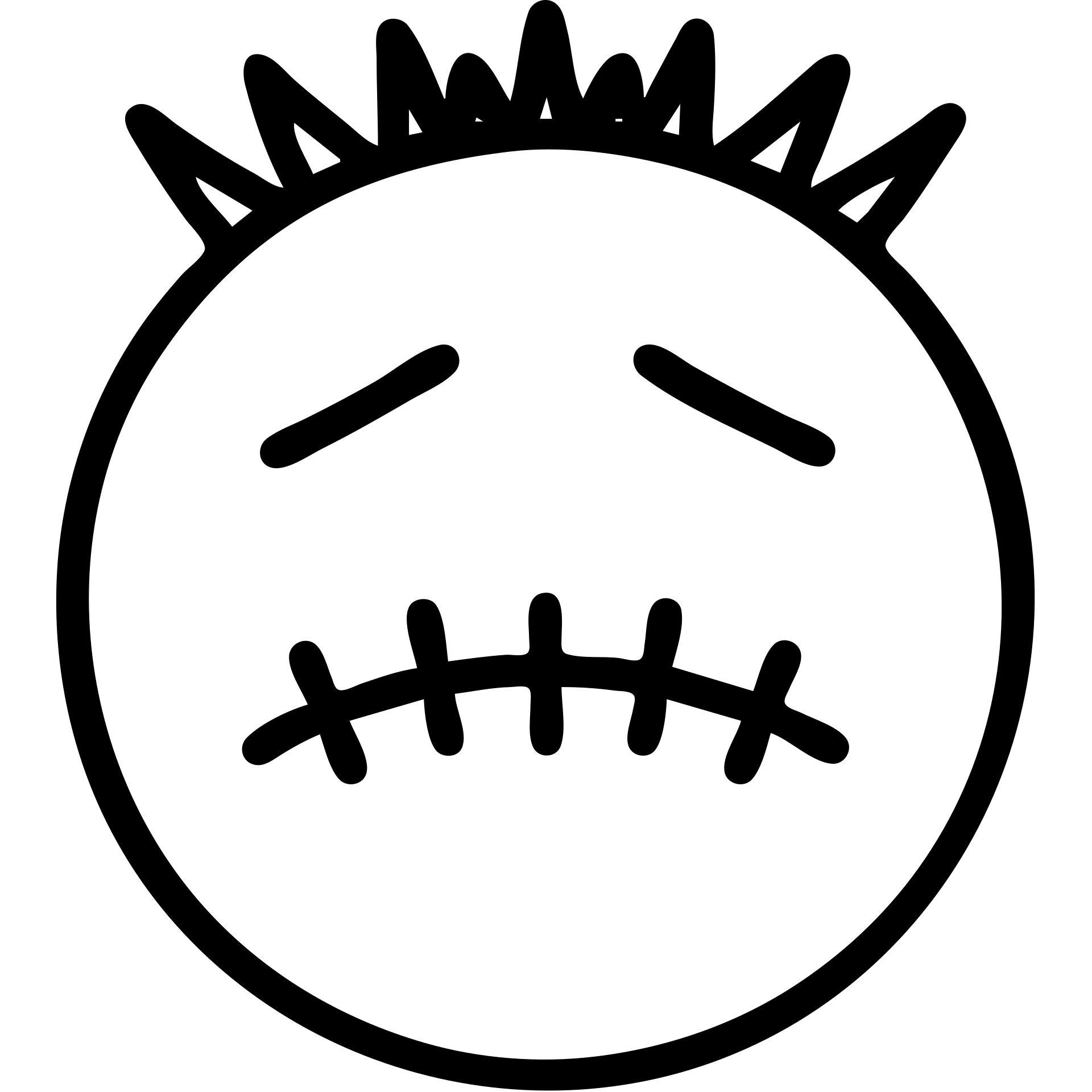 Create an emoji in 'Outline' style inspired by the reference image: round face, spiky hair, sewn mouth, eyebrows angled downward, black doodle style with no fill, transparent background. emoji