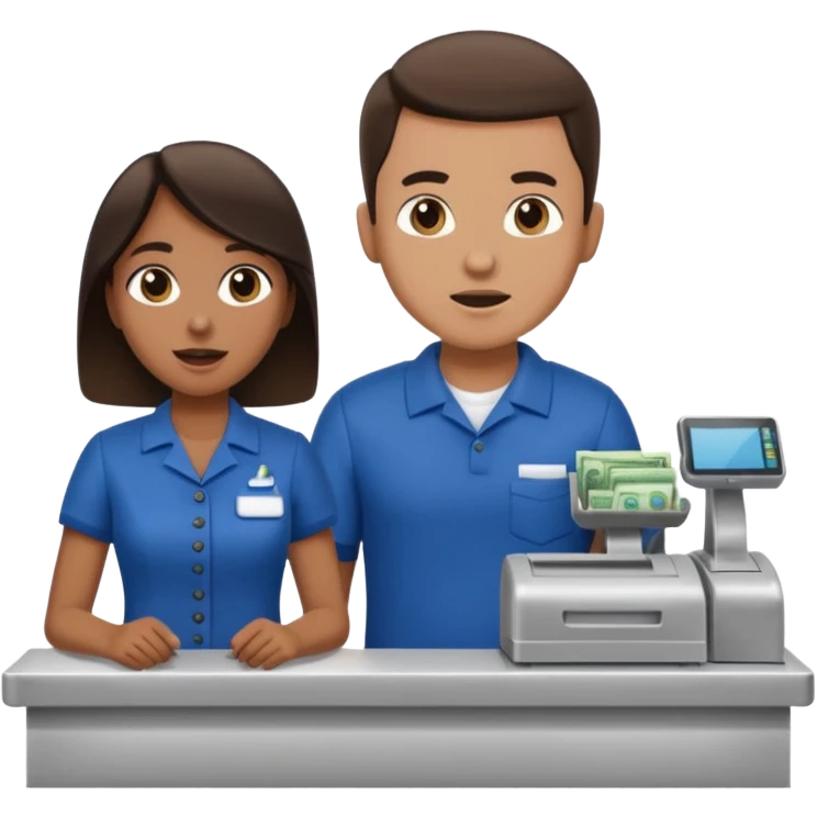 Supermarket employee at a cash register, full body, serving a man surprised emoji
