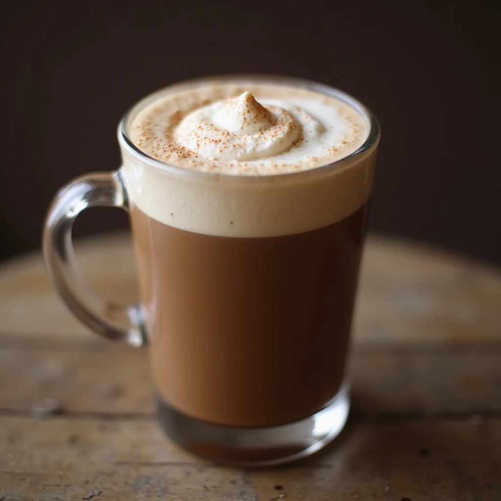 a realistic cup of mocha, photorealistic style, rich chocolate color, creamy foam, clear glass mug, inviting and delicious appearance emoji