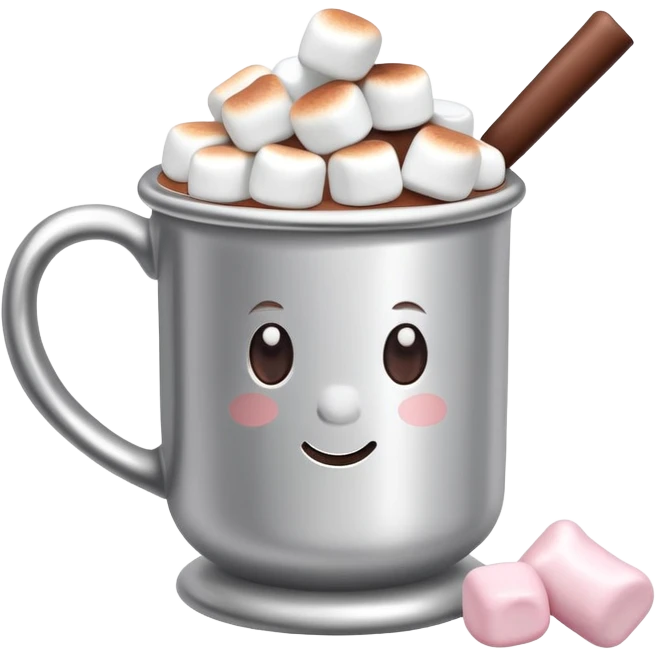 hot chocolate in a silver colored mug with marshmallows  emoji