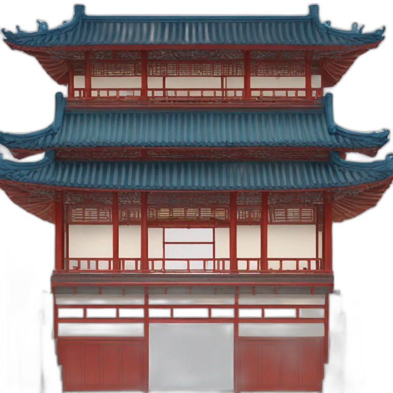 the facade of a large Chinese-style building with a blue roof and red wooden structures emoji