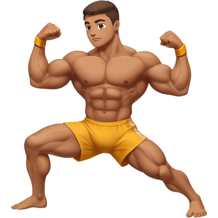 A bodybuilder doing a side lunge and flexing his biceps his kneels more doe emoji