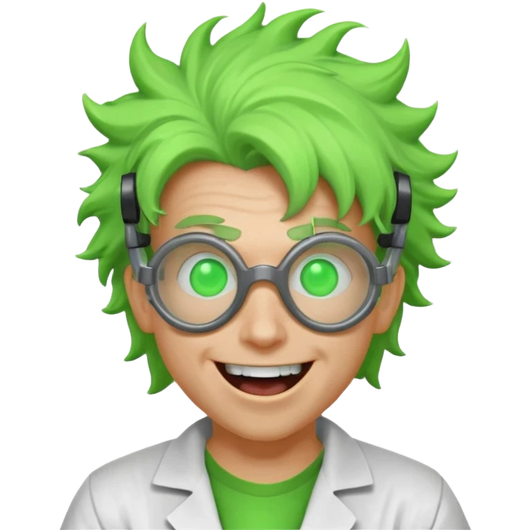 mad nuclear scientist portrait, head and shoulders only, messy hair, cracked goggles, glowing radioactive green light, excited crazy smile, 3D cartoon, mobile game icon style, clean background, no text, no watermark
 emoji