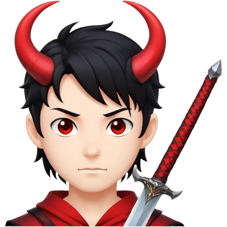 Anime devil boy with black hair, horns, and a sword emoji