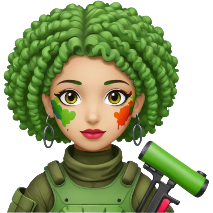 green curly haired painitball player with big earrings guy shot with colors emoji