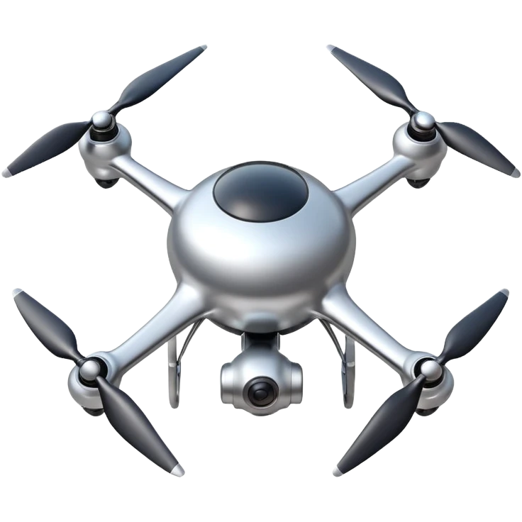 A futuristic drone emoji made of polished silver chrome, smooth rounded body, minimal propellers, reflective metallic surface, soft studio lighting, iOS emoji style, centered, clean white background emoji
