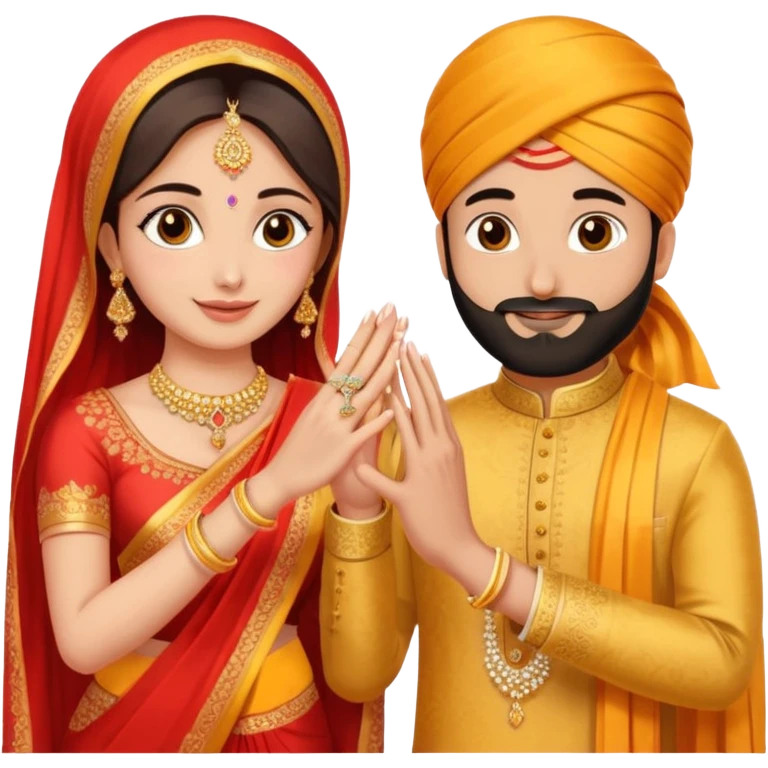 Two hands in a engagement..One hand of groom and one hand of bride. Bride hand - red/yellow saree. groom- light orange punjabi (oonly hands will be visible in the image). Groom's hand is holding a ring emoji