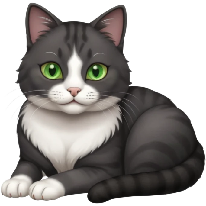beautiful female solid dark grey cat with green eyes, white toes/paws and white patch on her chest rolling over emoji