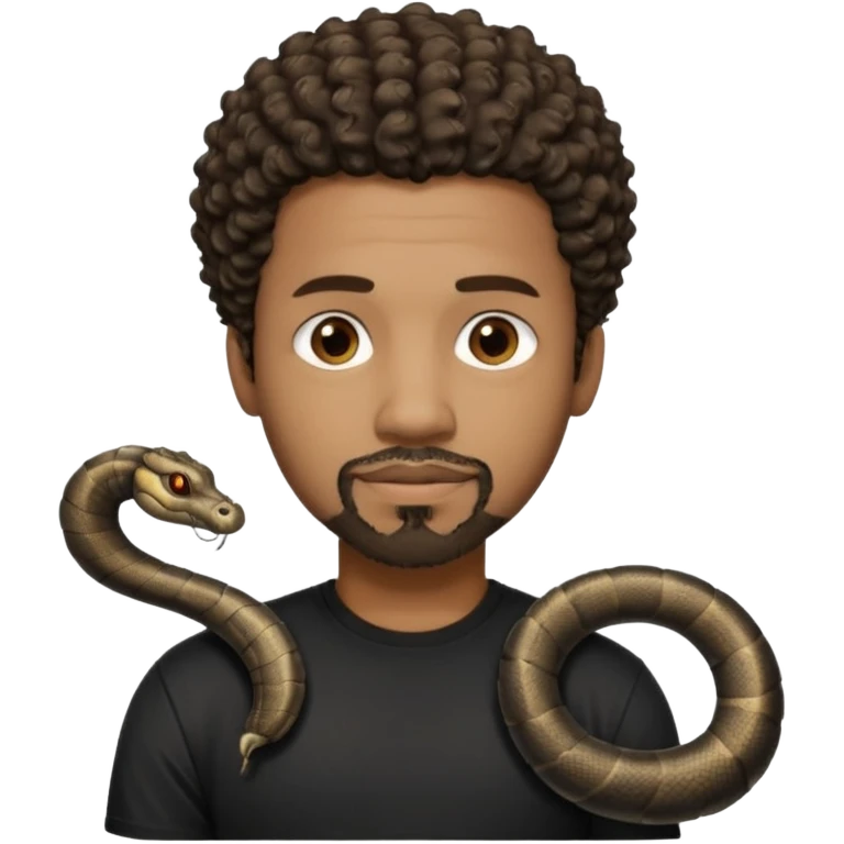 Homme couleur de peau noir, yeux marron avec un bouc que le menton, cheveux court et bouclé crépus avec dégradé sur le côté, avec un cobra à côté , t-shirt noir  emoji