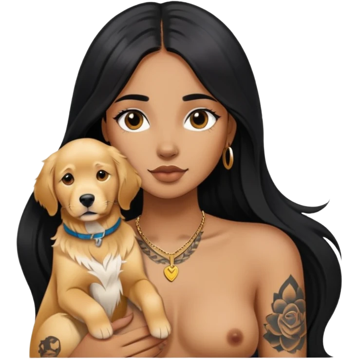 brown girl with long black  straight hair and chest tattoos and  a golden retriever emoji