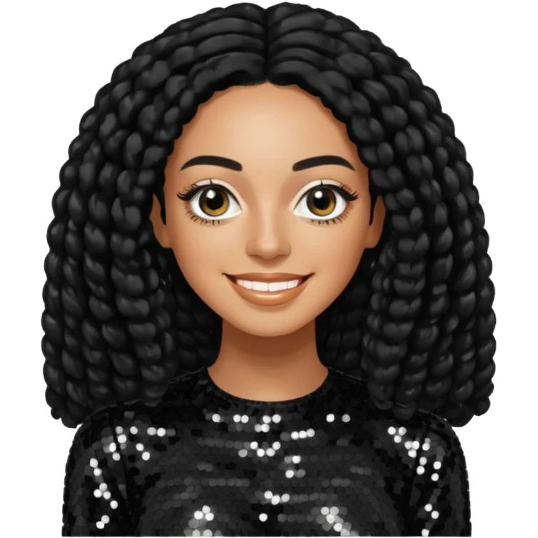 Solange with long black hair, black sequin outfit emoji