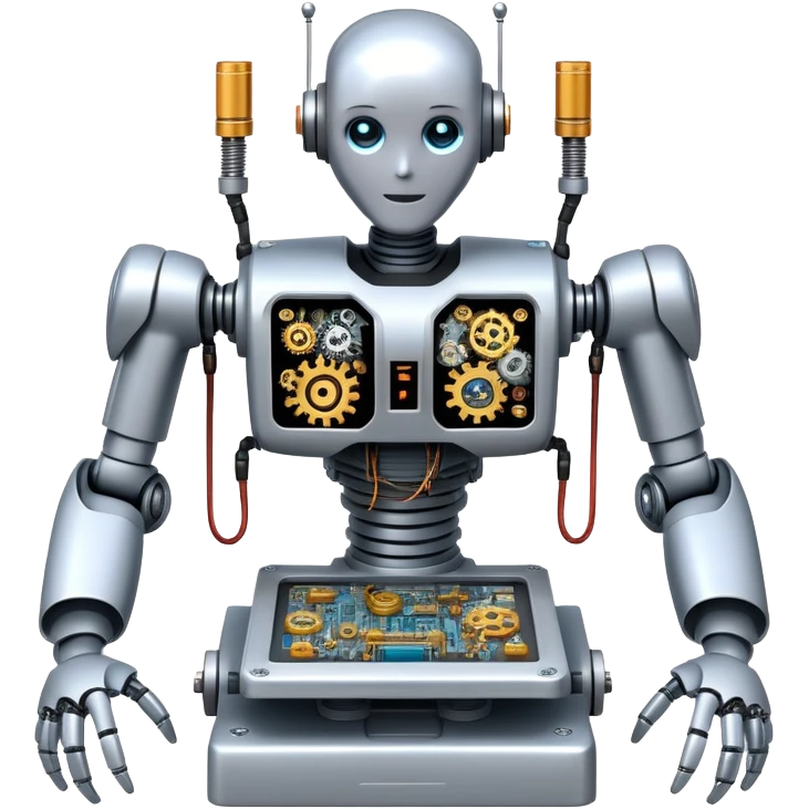 An icon featuring a humanoid robot assembling parts with robotic arms, surrounded by gears, circuit boards, and sensors, symbolizing robotics. The design includes a control panel and AI interface, representing automation, engineering, and innovation. Transparent background. emoji