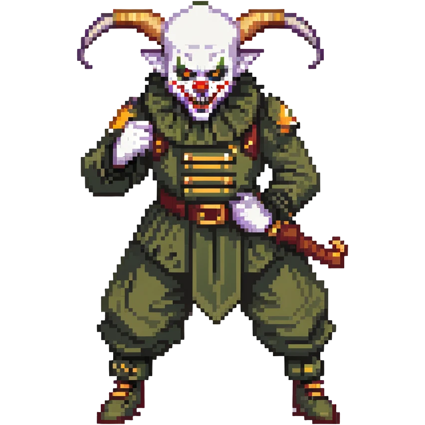evil clown soldier, bald, short goat horns on forehead, fangs, pointed ears, black and military green clothes, fighting stance emoji