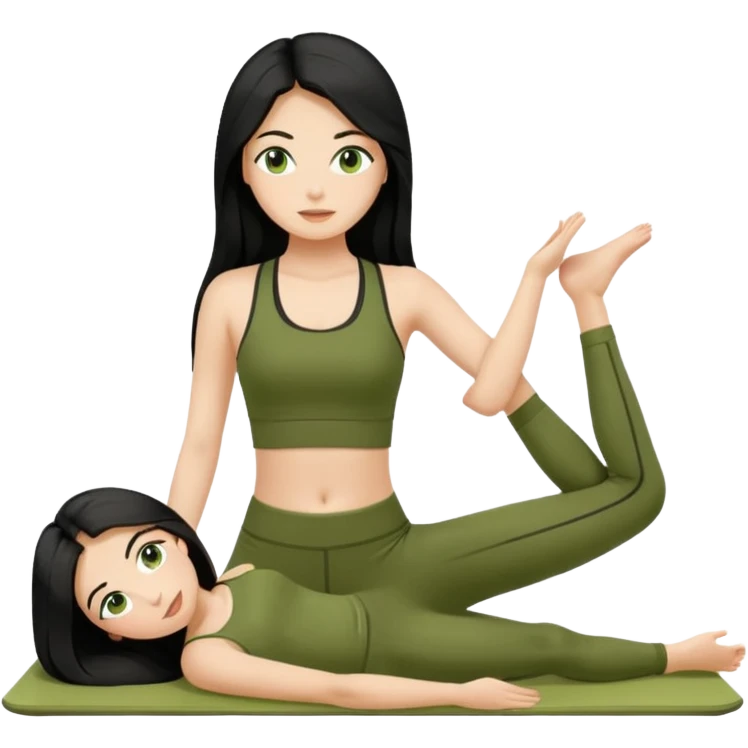 pilates girl in green olive set whit black long hair  emoji