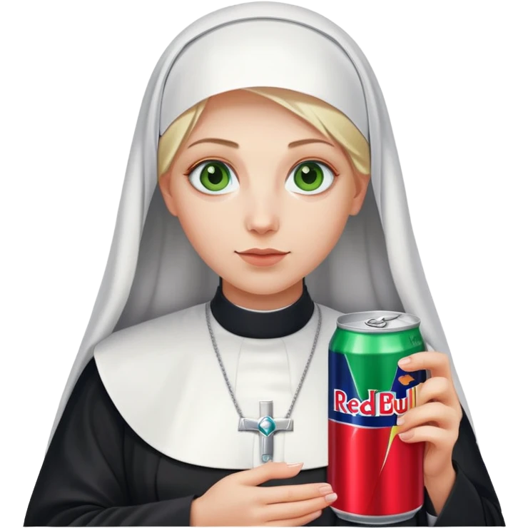 Blonde nun with green eyes holding a can of Red Bull. emoji
