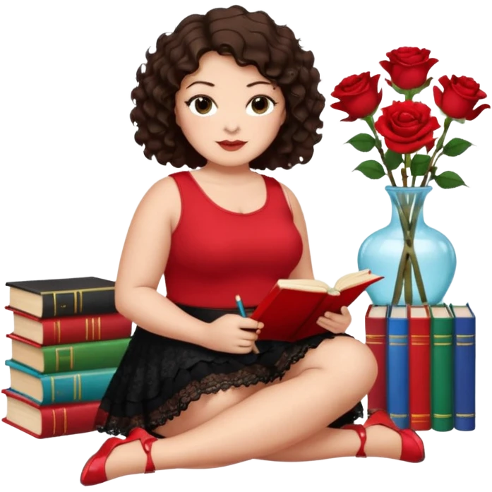 A plus-size brunette woman with short, dark brown curly hair is wearing a red sleeveless shirt and a black lace ruffled skirt. She is sitting on the floor with her legs crossed, holding a crayon in one hand. On the floor are five stacked colorful books and a glass vase with red roses. emoji