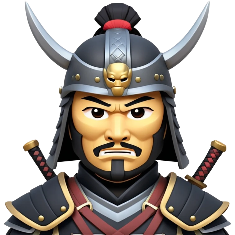 clash-of-clans-aesthetic_-cinematic-fearsome-and-majestic-samurai-bust-portrait-emoji, rendered in a flat, vector-style with minimal shading and bold, simplified shapes typical of emoji art, depicting a battle-hardened samurai with black mask and traditional black Japanese armor. The samurai is riding a noble grey warhorse adorned with an intricately designed saddle and fluttering banners and a rising sun. a samurai on a   horse emoji