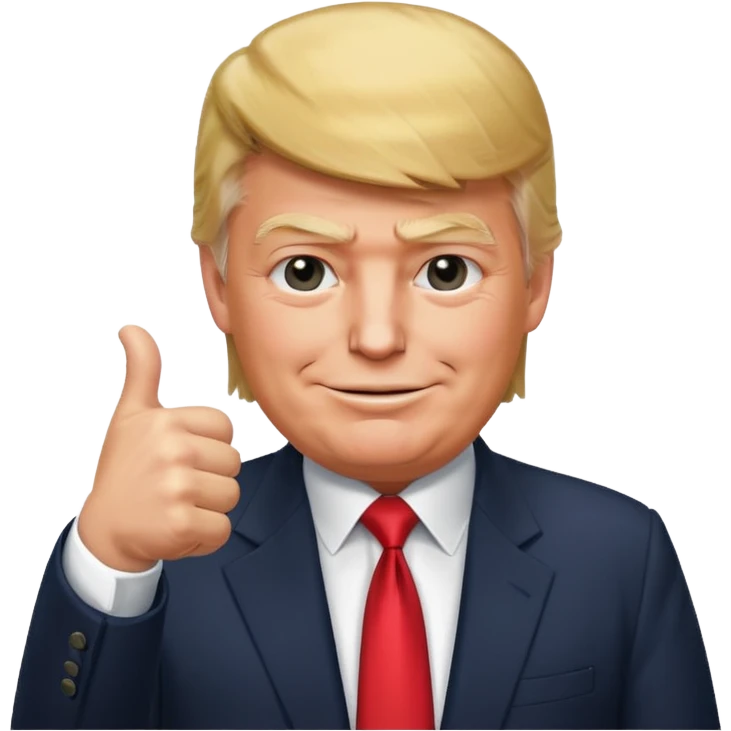 Donald Trump smiling in a suit with his thumbs down emoji