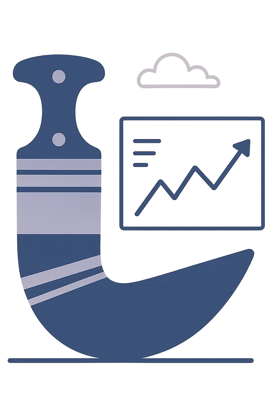 Traditional dagger janbiya next to a stock ticker, flat modern style, Middle Eastern trading theme emoji