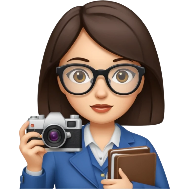 journalist brunette woman with glasses holding camera and notebook emoji