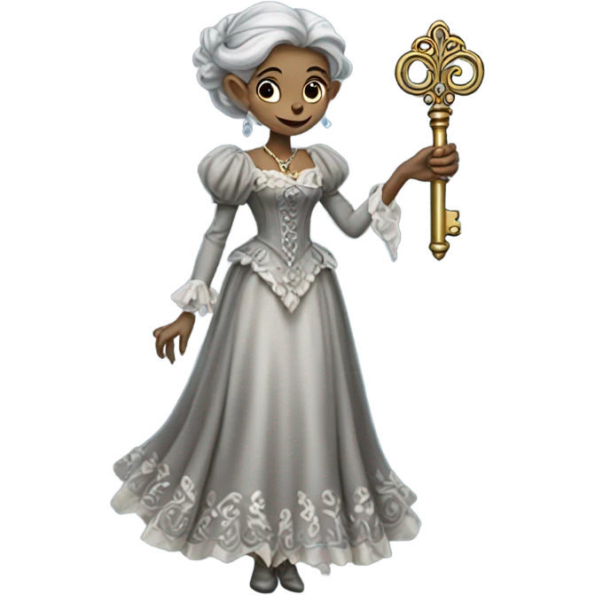 gray elf woman login holding a big key in victorian dress, full body emoji