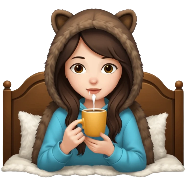 a brunette girl sitting cozily in her bed and a fur hoodie sipping coffee emoji