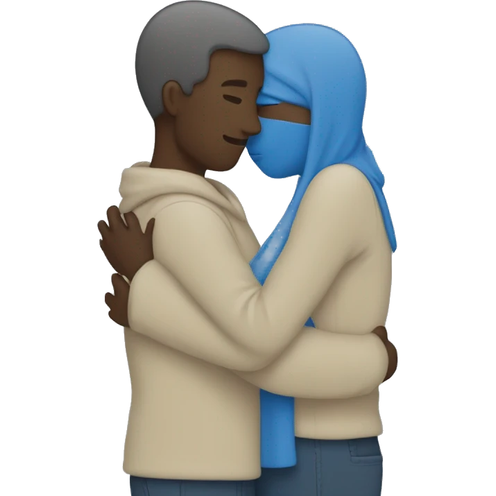 Two people hugging, shown as faceless blue forms on most platforms. Details of each person are not distinct and thus no options are available to customize the gender or skin tone of either individual. emoji