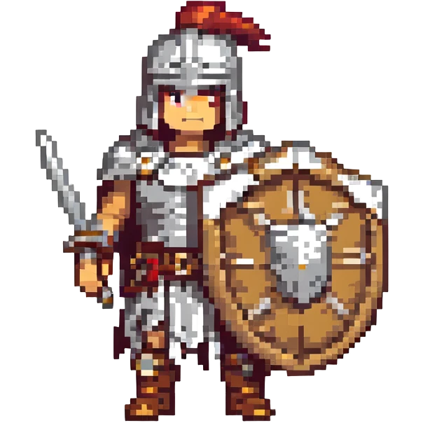 a gladiator with a large round shield, pixel art style emoji