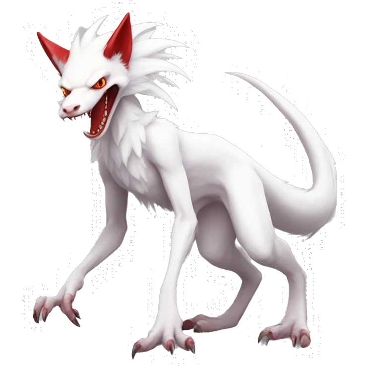 White edgy cute epic anthro albino sergal-vernid-Fakémon with red mane and red eyes, full body emoji