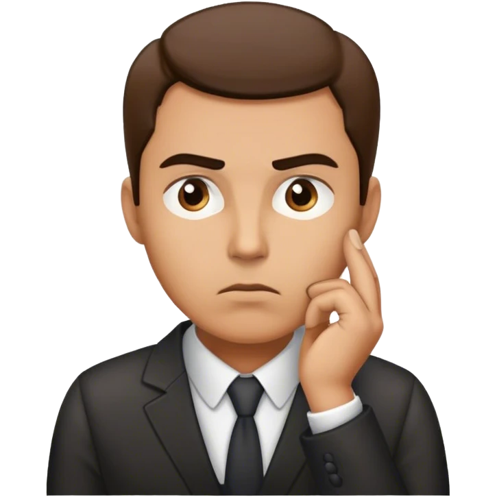 A manager staring upward with a very deep and serious thinking expression, hand on chin, eyebrows furrowed, completely absorbed in thought emoji