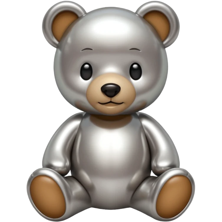 A cute teddy bear emoji made of liquid silver chrome, smooth rounded body, glossy metallic surface, soft reflections, friendly proportions, iOS emoji style, centered, clean white background emoji