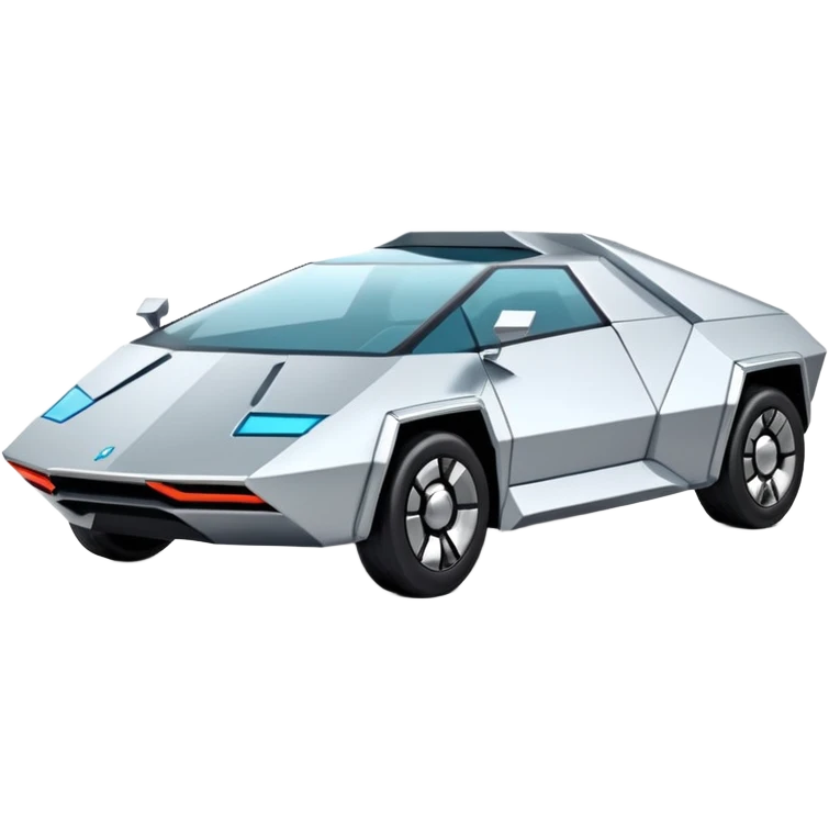 A futuristic chrome car emoji, sharp geometric body design inspired by cybertruck aesthetics, smooth silver metallic surface, matte and glossy chrome mix, minimal details, soft reflections, clean edges, iOS emoji style, centered, clean white background, soft studio lighting, no text emoji