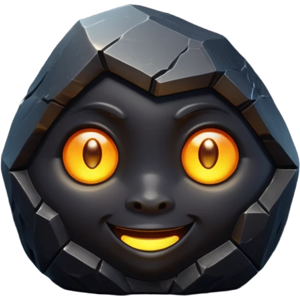 Single black obsidian rock character, thick and heavy with sharp facets and subtle reflections, carved cute face with glowing round eyes and a small smile, 3D render, high detail, soft backlighting, isolated on a plain dark background. emoji
