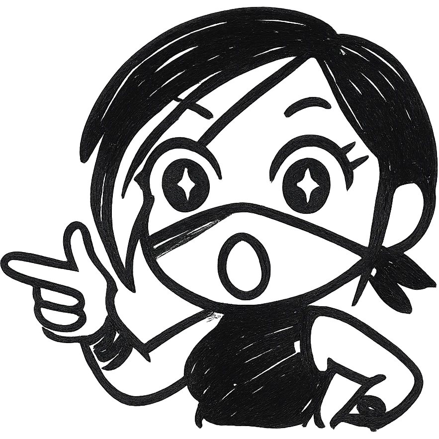 Make the expression even more weird-cute on a sexy chibi ninja girl with black short hair and a blonde streak, only head and arms, making a finger gun gesture, bold black outlines, transparent background, no mask, eyes wide open with stars, mouth open in a big O, sized for Twitch emoji use. emoji