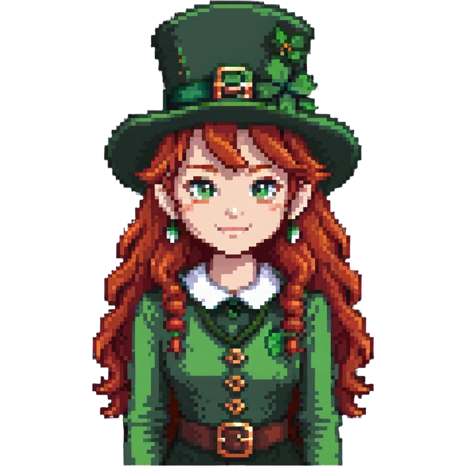 girl with red hair and brown eyes with a leprechaun emoji