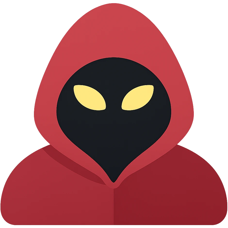 Convert to a color icon style with a mysterious hooded figure, deep red hood, glowing eyes, rich red and black tones, no background. emoji